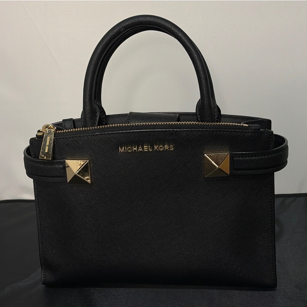 Michael Kors Black Saffiano Leather Studded Satchel Crossbody Bag Gold Hardware
